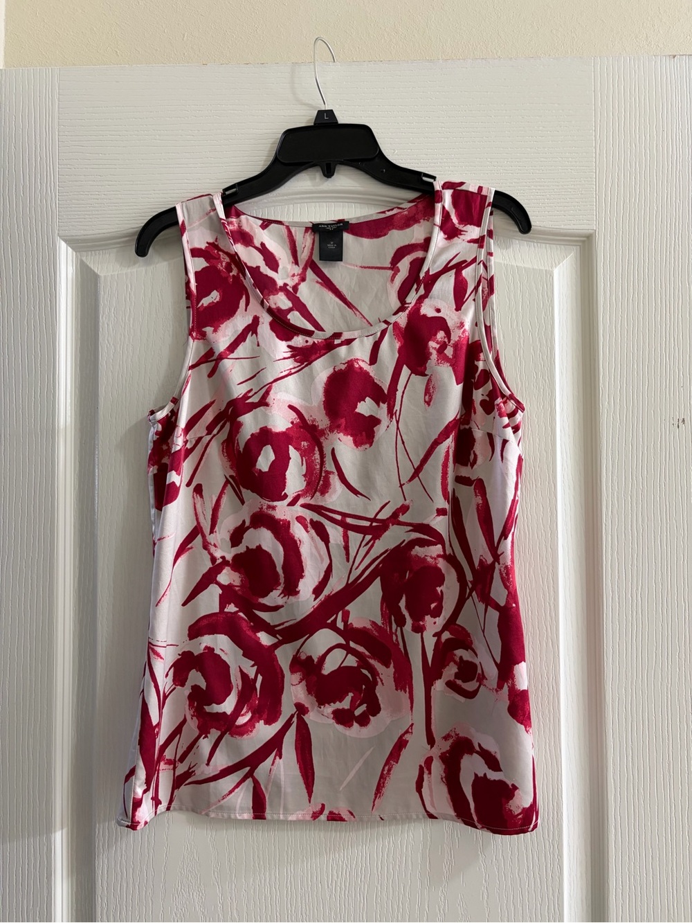 Ann Taylor Satin White Tank Top with Fuchsia Floral Brushprint